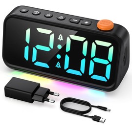LATEC Digital Alarm Clock with 7 Modes RGB Night Light, 8 Colours LED Digital Display, Adjustable Brightness and Volume, 2 Alarms, Snooze, USB Charging Port, Mains Operated, Black