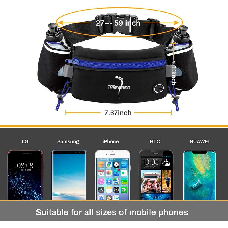 Adjustable Running Belt with Zip Pocket, 2 Water Bottles, 2