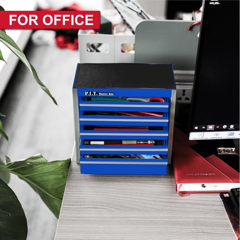 P.I.T. Mini Blue Tool Box, Portable 5-Drawer Micro Roll Cab