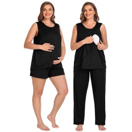 SWOMOG Breast Feeding Pajamas for Women Maternity Double Layer Pregnancy Outfits Nursing 3 Pieces Postpartum Pajama Set with Pocket Black