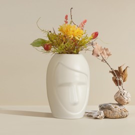 Relaxdays Flower Vase Face Table Decoration Ceramic Decorative Vase for Pampas Grass and Dried Flowers H x W x D: 14.5 x 9.5 x 10.5 cm White