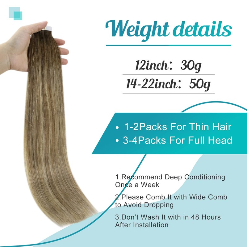 Fshine Tape-In Real Hair Extensions, 35 cm, 50 g, Straight