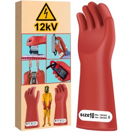 12kV Electrical Gloves Size 10 Rubber Thick Not for Dexterous Work High Voltage Electric Insulated Electrician Safety Shock Proof Lineman Long Red HV 12000VAC EV Hybrid Glove Water Proof