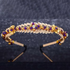 Wosois Gold HeadBand Crystal Rhinestone Hair Bands Vintage Rhinestone Gemstone Leaf Hair Bands Banquet for Women HeadBands (Gold-Purple, A)