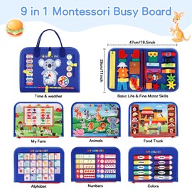 UltraCozy Busy Board, Montessori Toys for Toddlers, Toddler Sensory Toys Preschool Educational Busy Book Travel Toys for Toddlers 3 4 5 Year Old Girls Boys Plane Car Activities Baby Quiet Book (Blue)