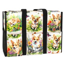 84hoods Multi-Pocket Tote Bag for Women. Gift for Corgi Lovers and Owners. Waterproof Shoulder Bag with Multiple Convenient Pockets and Zipper for Travel, Work, Grocery. Flower Garden.