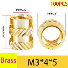 Qrity 100 Pcs Brass Insert, Threaded Inserts Brass Knurled Nuts, Female Thread Inserts, Knurled Insert Nuts for 3D Printing Plastic, M3 x 4mm x 5mm