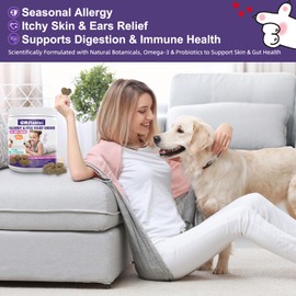 GMStahlei Dog Allergy Relief Chews - Omega-3 Fish Oil, Probiotics & Plant-Based Ingredients - Seasonal Allergy, Itchy Skin & Ears Relief - Supports Digestion & Immune Health - 300g/150 Chews