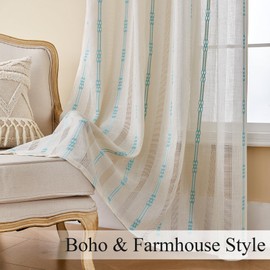 Estelar Textiler Beige Boho Farmhouse Curtains 84 Inch Length 2 Panels Set, Soft Linen Textured Embroidered Curtains for Living Room, Light Filtering Grommet Semi Sheer Drapes for Bedroom, 52Wx84L