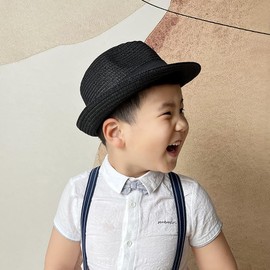 Straw Fedora Sun Hat for Kids Roll Up Short Brim Trilby Hat Panama Beach Hat…, Black, Small