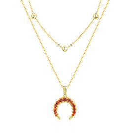 REDSUN Red Crescent Double Layer Necklace for Women, S925 Sterling Silver Pendant Jewellery Yellow Gold Plated with Red 5A Cubic Zirconia for Mum Wife Girls Cubic Zirconia, Cubic Zirconia