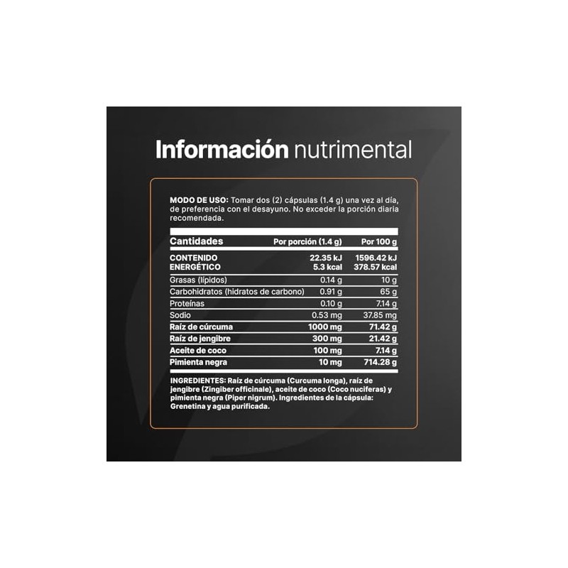 Cúrcuma Jengibre Cápsulas 1400 Por Porción Adicionado Aceite Coco Ingredientes