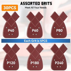 Aucenix 30Pcs Mouse Sander Pads: Detail Sanding Pads for Mouse Sander with 40/60/80/120/180/240 Mixed Grits - 4 Holes Sandpaper Sheets with Extra 2 Tips for Replacement for Black and Decker Palm