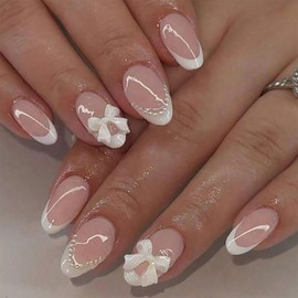 24PCS French Tip Press-On Nails with White Bowknot Decoration – Short Glossy Fake Nails, Elegant Pink Color for Women, Almond Shape French Tip Design 3D White Flower Embellishments