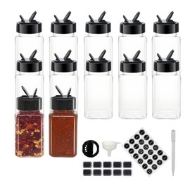 YBCPACK 12 Pack 4oz Plastic Spice Jars with Lids and Labels，Small Square Spice Storage Containers with Black Flip Top Cap for Spice Seasoning Organiser