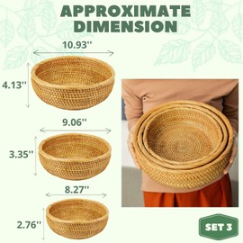 Round Wicker Baskets Handwoven Fruit And Vegetable Storage for Serving Potatoes Onions Bread Rattan Decor Basket Stackable Set 3 Fruit Holder for Kitchen Countertop Organizing Bathroom (Honey Brown)