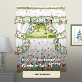 ACHIM Printed Cottage Window Curtain Set - 57 Inch Width, 24 Inch Length - Green Butterflies - Polyester Soft Window Treatment Include Valance, Attached Swaggers, Tiebacks & Two Tiers Home Decor