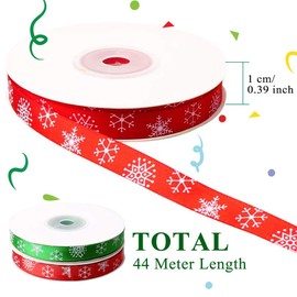 Christmas Ribbon, 2 Rolls Green Red Satin Ribbon Xmas Gift Wrapping Ribbon Grosgrain Snowflake Ribbon 10mm, Total 44M/50 Yards Christmas Ribbons for Gift Wrapping/Crafts/Bows/Wreaths/Cards/Xmas Tree