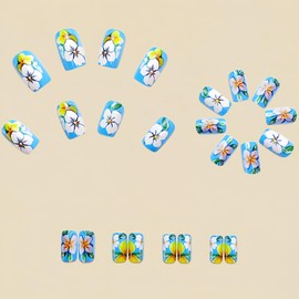 24Pcs Spring Summer Press on Nails Bright Floral Matte Fake Nails Short Square Acrylic Nails Colorful Flower Stick on Nails Reusable Artificial Nails for Women Girls Spring Summer Nail Art