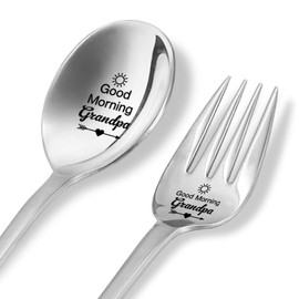 XQLZY Good Morning Grandpa Funny Engraved Spoon and Fork 2 Pcs Set with Gift Box, Gifts from Grandson Granddaughter for Grandpa, Birthday Mothers Thanksgiving Christmas Day Gifts for Grandma