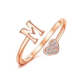 MILACOLATO 925 Sterling Silver Ring 18K Rose Gold Plated Initial Heart Rings Adjustable Capital Letter Initial Rings for Women Stackable Thumb Pinky Rings Trendy Stuff, M