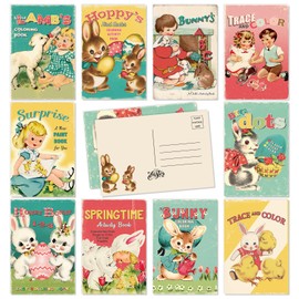 Whaline 40Pcs Easter Postcards Vintage Cartoon Rabbit Bunny Post Cards Assortment to Friends & Family 10 Design Retro Greeting Cards for Birthday, 4 x 6 Inch