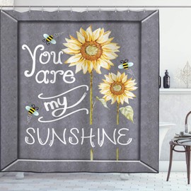 Ambesonne You are My Sunshine Shower Curtain, You are My Sunshine Words on Blackboard Bees Sunflowers Vintage Image, Cloth Fabric Bathroom Decor Set with Hooks, 70" Long, Yellow Grey
