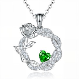 Moppson Flower Necklace Silver Heart Necklace 925 Sterling Silver Jewelry Charm Necklace for Women Romantic Valentines Gift for Wife (Emerald)