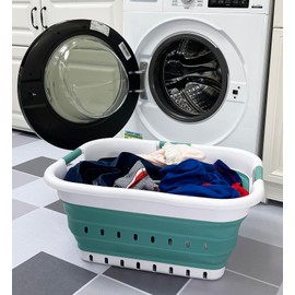 SAMMART 41L (10.8 Gallons) Collapsible 3 Handled Plastic Laundry Basket - Foldable Pop Up Storage Container/Organizer - Space Saving Hamper/Basket (1, White/Celadon Green)