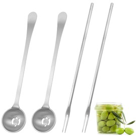 GIONAR 4PCS 7.3 Inch Olive Spoon & Pickle Fork Set, Stainless Steel Pickle Picker Tool with Long Handle, Pickled Onion Grabber for Olive, Cucumber, Onion, and Arugula Jars