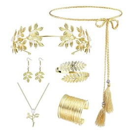 6 Pcs Grecian Goddess Costume Accessories Set for Women Golden Laurel,Greek Goddess Costume Accessories Set,Elegant Toga Outfit with Gold Laurel Crown, 2 Gold Leaf Bracelets, Pearl Earrings, and Olympic Rings Necklace for Women,Perfect for Themed Parties