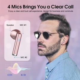 OYIB Wireless Earbuds, Mini Bluetooth 5.3 Headphones HiFi Stereo, Wireless Earphones with ENC Noise Cancelling Mic, Touch Control, Type-C Charging, in Ear Wireless Headphones Rose Gold