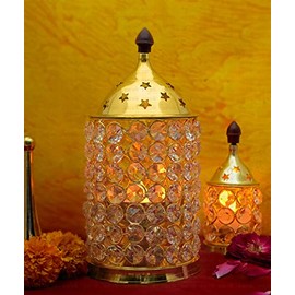 Satvik Handmade Metal Akhand Crystal Diya 8 Inch Decorative Brass Crystal Oil Lamp Tea Light Holder Pillar Shape Puja Lamp