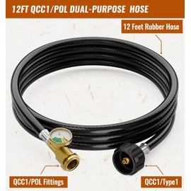 CALPOSE 12 FT Propane Extension Hose with Gauge, Propane Hose Include Tank Adapter Converts POL to QCC1 for Propane Tank, Portable Grill, BBQ Grill, Heater and Most Propane Appliances