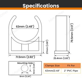 63mm/2.48" (3 PCS) U-Shaped PVC Pipe Clamps (White), Hose Hanger Support, High Strength for Home Plumbing, TV Trays, Water Supply, Garden Tubing, PEX, UV Resistant, fit for 2" PVC Pipe Sch40