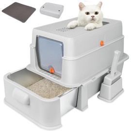 ELEGX Odor-Control Extra Large 24" L×16" W Drawer Design Stainless Steel Cat Litter Box,XL Large 4-in-1 Cat Metal Litter Box Set,Extremely Easy to Clean,Enclosed Removable with High Sided Enclosure