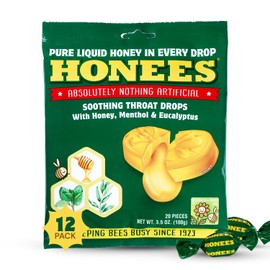 Honees Filled Menthol Cough Drops, Honey, Menthol & Eucalyptus Cough Drops- Natural Sore Throat Relief - Nothing Artificial -Throat Lozenges, Non-GMO (12 Pack –240 Drops)