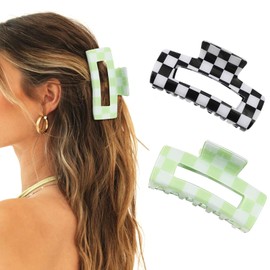 Paderison 2Pcs Checkered Rectangle Multicolored Claw Barrettes - Strong Hold Y2K Hair Accessories for Thin and Thick Hair (Green)