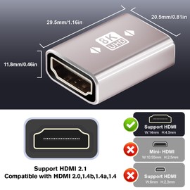 HDMI Coupler 8K, HDMI Female to Female Connector, HDMI 2.1 Extension Adapter, Support 8K@60Hz, Compatiable with HDTV Roku TV, Monitors, Laptop, Projector, ARC for Laptop