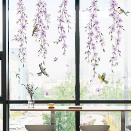 Summer Hanging Vine Flower Window Clings Purple Floral Leaves Birds Window Decals Anti Collision Double-Side Static Window Stickers for Home Store Window Glass Door Decoration