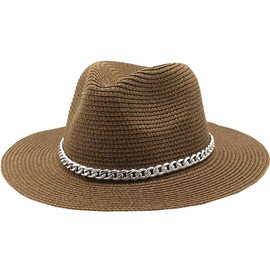 White Fang CZ184 Hat, Medium Folding Hat, Straw Brim Hat, Stylish, Cool, Chain, Men's, Women's,, coffee