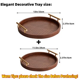 JUMBO HUMBLE Modern Decorative Serving Tray, Set of 2 Modern Crocodile Leather Round Trays with Polished Metal Handles, Decorative Trays Coffee Table Tray Ottoman Platter for Home Decor (Brown)