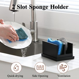Luxspire Kitchen Sponge Holder for Sink, Sink Organiser, Resin Dish Sponge Holder with 2 Compartments, Sponge Tray for Kitchen Sink, Sponge Holder with Drip Tray, Sink Caddy, Matte Black