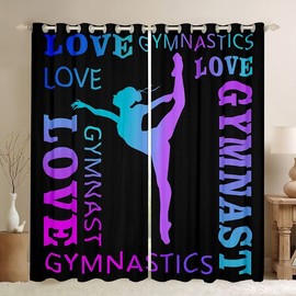 Love Gymnastics Curtains for Bedroom Living Room Children Floor Exercises Ballet Blackout Curtains Decorative Athletics Darkening Dreapes Neon Blue Purple Window Treatments (2 Panels 38 x 54 Inch)