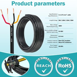 DARKGUARD 4 Core Trailer Cable 0.75mm², 5M LED Lighting Wire Flexible PVC Copper Wire for Trailer Caravan Truck Car Camping Outdoor Landscape, 12V 24V Weatherproof RoHs Reach Approved