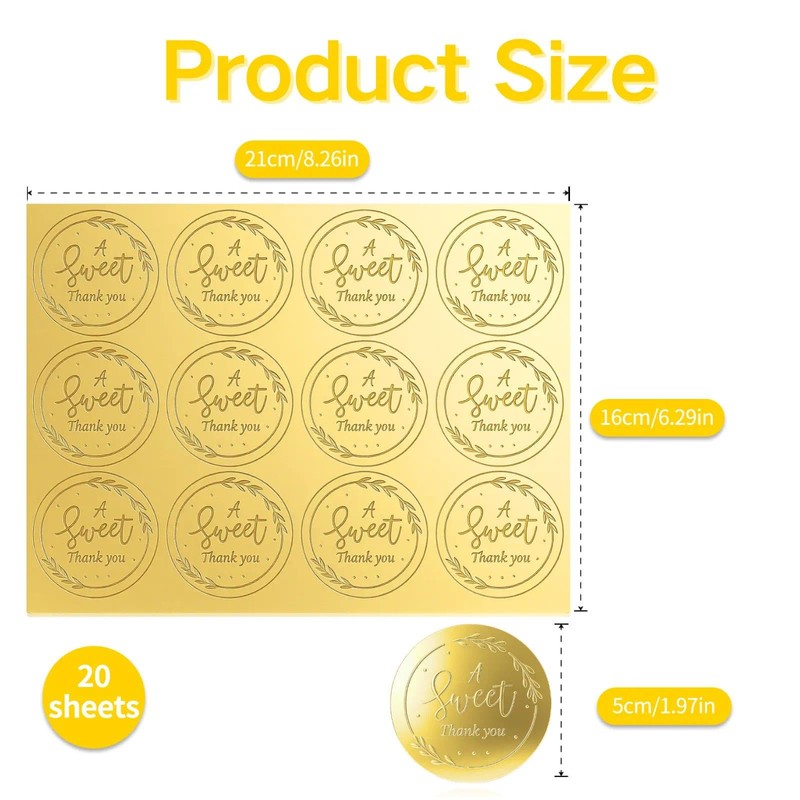 240 Pcs A Sweet Thank You Stickers, 2 Inch Gold