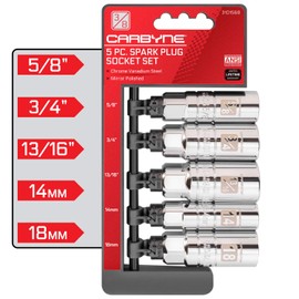 CARBYNE 5-Piece Spark Plug Socket Set - Includes 5/8", 3/4", 13/16", 14mm, 18mm sizes. High Visibility 3/8-Inch Drive SAE & Metric Spark Plug Socket Set - Heat Treated CR-V Steel, Mirror Polish