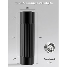 Pepper Grinder Mill, Professional Grade Manual Pepper Grinder, High Output Heavy Duty Pepper Mill Grinder, Refillable, Aluminum Matte Black, Stainless Steel Burrs, Adjustable Coarseness Grind Settings