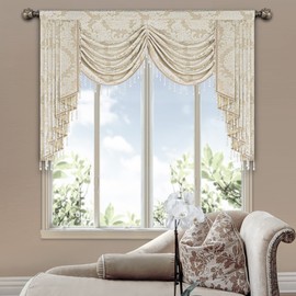 Loom and Mill Luxury Jacquard Waterfall Valance for Living Room, Elegant Damask Swag Window Valances with Beads, Beige Swag Curtains for Bedroom Banquet Holiday Decoration(W59Inch,1 Panel)