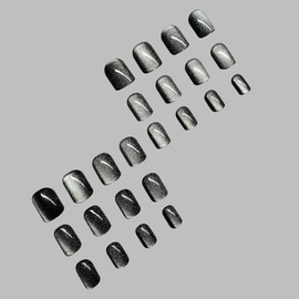 IMSOHOT Black Cat Eye Press on Nails Short Square Fake Nails Glossy Glue on Nails Full Cover Squoval Acrylic False Nails Gel Stick on Nails 24Pcs Nails Art Kit